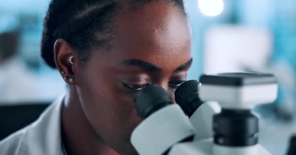 Zwarte vrouw, lab en microscoop voor medisch onderzoek naar moleculaire biologie, pathologie en observatie met innovatie. Vrouwelijke persoon, wetenschapper en microbiologie met laboratoriumapparatuur en chemie. - Video