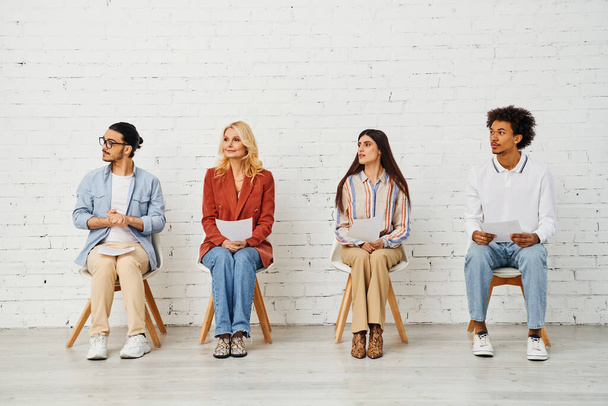 A group of people sitting on chairs in front of a white wall. - Photo, Image