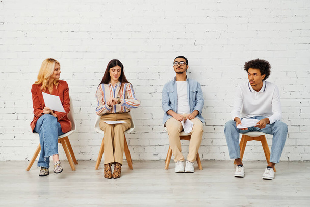 A diverse group of people seated in a row against a brick wall. - Photo, Image