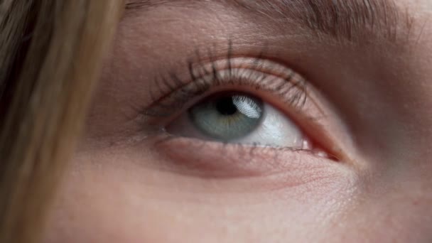 Close-up van het blauwe oog van de vrouw terwijl ze met reflectie naar de wereld kijkt. Oogbewegingsconcept - Video
