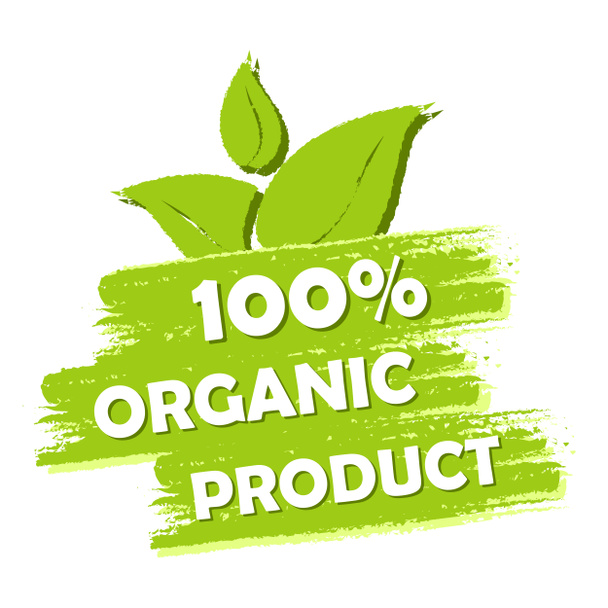 Producto 100 por ciento orgánico con signo de hoja, etiqueta dibujada verde
 - Foto, Imagen