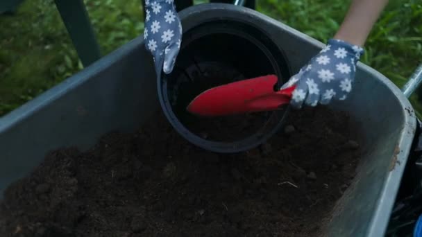 Kaukaska kobieta rolnik za pomocą łopaty motyki biorąc glebę, aby dodać do garnka lub rosną warzywa i kwiaty w ogrodzie. Wysokiej jakości materiał filmowy FullHD - Materiał filmowy, wideo