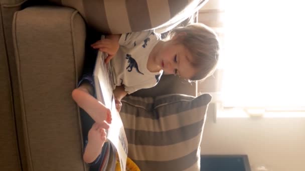 Pieni poika istuu sohvalla, uppoutuneena kirjan lukemiseen. Pystysuora kuvamateriaali. - Materiaali, video
