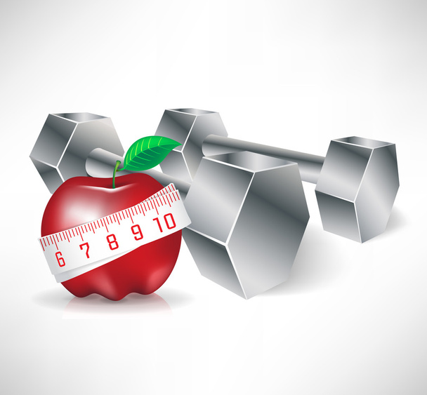 halteres com maçã e fita métrica; conceito de fitness
 - Vetor, Imagem