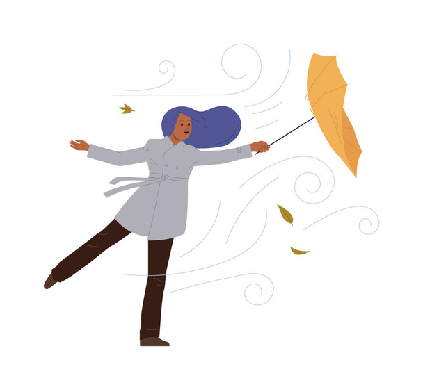 白い背景に隔離された強い風とハリケーン自然災害に苦しんでいる傘を保持する若い女性のフラット漫画のキャラクター. 秋季のサンダーストーム ベクターイラスト - ベクター画像
