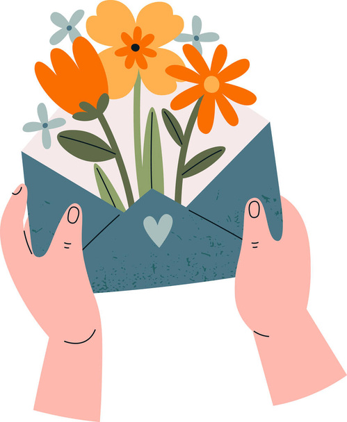 Kézfogás boríték virágokkal vektor illusztráció - Vektor, kép