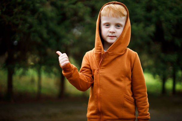 Červenovlasý pohledný chlapec v kapuci ukazuje palec nahoru - Fotografie, Obrázek