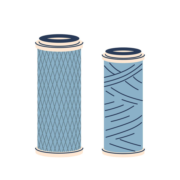 Dos filtros de agua cilíndricos, uno diseñado con un patrón de rejilla de diamante y el otro con líneas cruzadas, simbolizando la tecnología de purificación de agua limpia y eficiente. Ilustración de vectores de dibujos animados - Vector, Imagen