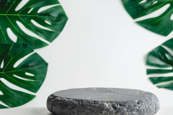 Rond gris pierre cosmétique produit publicité podium stand avec fond de feuilles tropicales. Plate-forme piédestal en pierre naturelle vide pour afficher des produits de beauté. Maquette - Photo, image