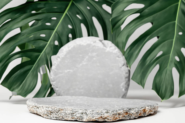 Rond gris pierre cosmétique produit publicité podium stand avec fond de feuilles tropicales. Plate-forme piédestal en pierre naturelle vide pour afficher des produits de beauté. Maquette - Photo, image