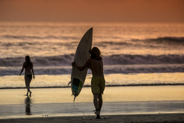 Surfer on the Beach at Sunset Tme - 写真・画像