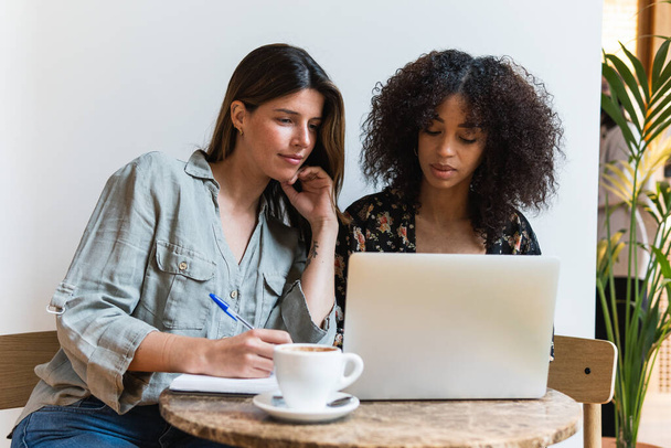 Amigos femininos multiétnicos navegando na internet no netbook à mesa com xícara de café no café - Foto, Imagem