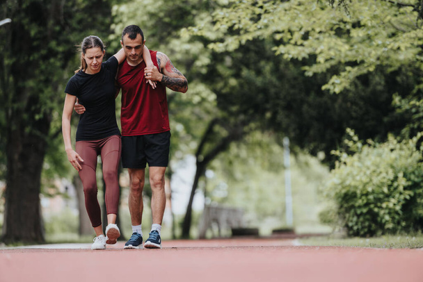 Un uomo in forma aiuta la sua ragazza mentre subisce un infortunio alla gamba durante una corsa. L'immagine ritrae la cura e l'assistenza in ambienti fitness. - Foto, immagini