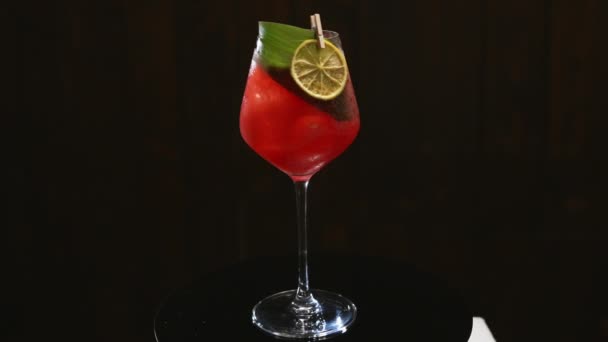 Levendige aperitivo spritz gevuld met gemalen ijs en versierd met tropisch blad en droge limoenschijfje bevestigd aan glas met kleine pin. Italiaanse cocktail op basis van wijn als perfecte optie voor een verfrissing. - Video
