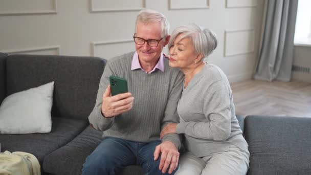 ビデオコール。 ビデオ通話を持っているスマートフォンを持つ幸せなシニアカップルの女性男性. オンラインで話す成熟した祖母の祖父. 古い世代の現代技術の使用法. バーチャルミーティングオンラインチャット - 映像、動画