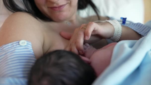 Intimo legame post-parto: nuova madre alimenta il neonato in ospedale, evidenziando i primi momenti di cura materna dopo la nascita - Filmati, video
