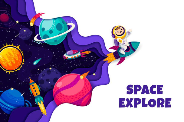 Space explore paper cut banner. Kid astronaut on space rocket. Universe exploration, outerspace travel vector horizontal banner with boy spaceman cartoon character flying on spaceship, galaxy planets - Vector, Image