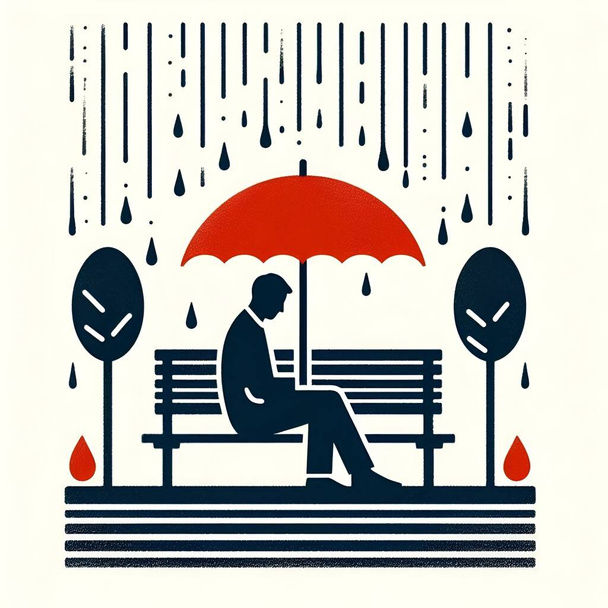 Un hombre sentado solo en el banco del parque bajo la lluvia - Vector, Imagen