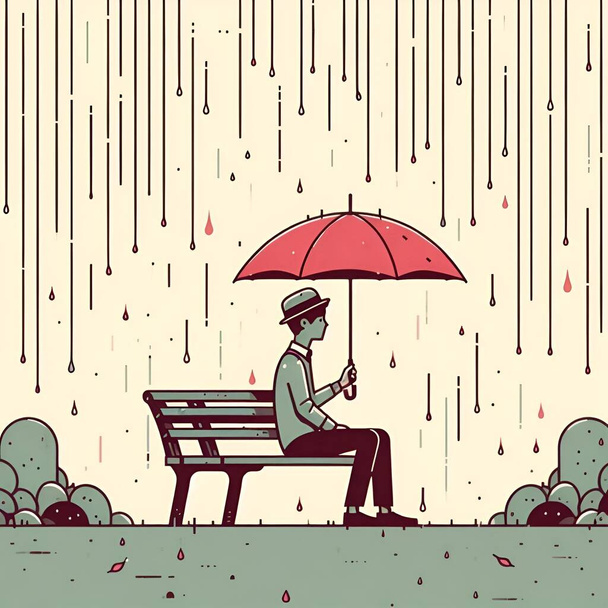 A férfi ül egyedül Park Bench in Rain - Vektor, kép