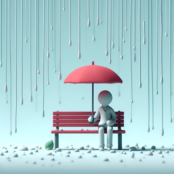 Ein Mann sitzt allein auf einer Parkbank im Regen - Vektor, Bild