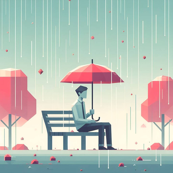 Ein Mann sitzt allein auf einer Parkbank im Regen - Vektor, Bild