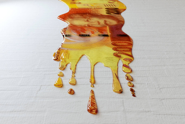 A concept image showing a regular South Africa Rand banknote that is melted and liquified dripping on an white surface background - 3D render - Photo, Image