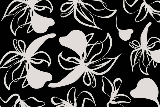 Ručně kreslené jednoduché abstraktní květiny černé a bílé tón. Módní kolážový vzor. Módní šablona pro design. Moderní květinový vzor textilie - Vektor, obrázek