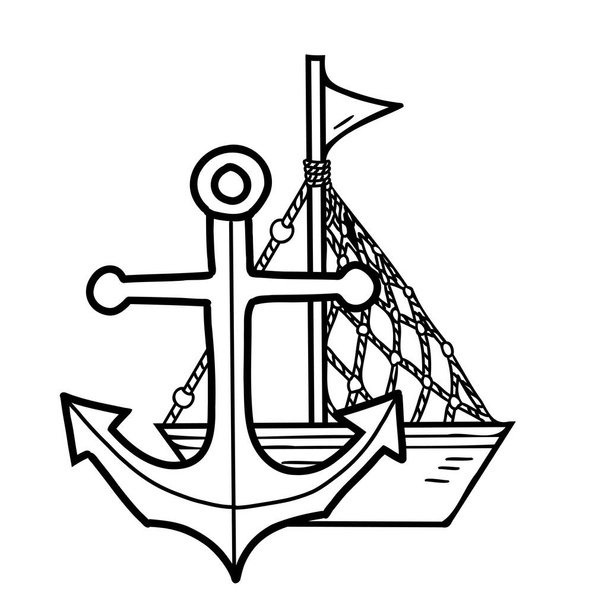 Marine Skład z cute Ship, Łódź z kotwicą morską. Ręcznie rysowane ilustracje wektora. Szkic graficzny. Odizolowany element morza letniego - Wektor, obraz