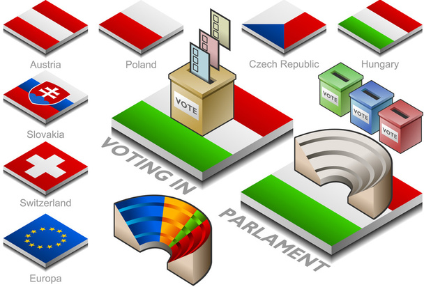 Isometric ballot box and parliament on the button flag - Vector, Image