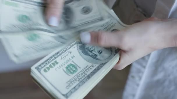 Детальное изображение показывает руки женщины, когда она считает через толстую стопку долларовых купюр США, подчеркивая финансовые богатства и операций - Кадры, видео