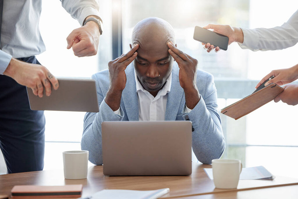 Multitasking, headache and man overwhelmed in office with stress, burnout or accountant on audit. Financial, taxes and time management anxiety or frustrated by crisis, challenge or deadline schedule. - Photo, Image