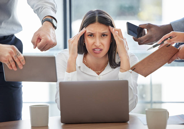 Multitasking, stress and woman overwhelmed in office with business, burnout or portrait of audit accountant. Frustrated, employee and anxiety for time management chaos, challenge or deadline schedule. - Photo, Image