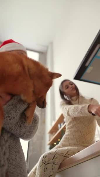 Avec leur chien, un jeune couple se tient près du sapin de Noël dans leur appartement. Images 4k de haute qualité - Séquence, vidéo