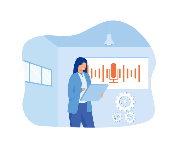 Personal online assistant. Office girl with laptop microphone dynamic icon, sound waves. Mobile app, web site concept for voice recognition landing page design. flat vector modern illustration - Вектор, зображення