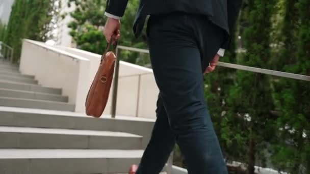グリーンシティでスーツケースを保持しながら階段を歩く正式なスーツを持つ慎重なマネージャーのバックビュー. エコ都市の階段を登りながら仕事をするプロのビジネスマン. ウラベン.. - 映像、動画