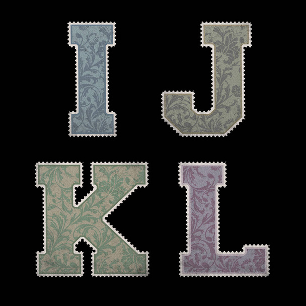 Vintage postal stamp style alphabet with set of capital letters and digits - letter I-L - Photo, Image