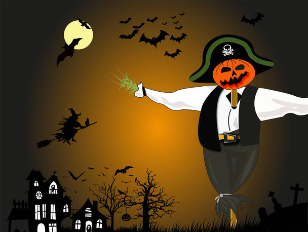 Halloween landscape with scarecrow, haunted castle, bats and moonlight on orange background - Photo, Image