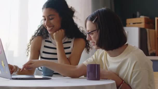 Vyötärö ylös valkoihoinen tyttö aivohalvaus kanssa Biracial naisten paras ystävä käyttää kannettavaa tietokonetta ja nauraa, istuu pöydässä modernissa asunnossa ja viettää vapaa-aikaa yhdessä - Materiaali, video
