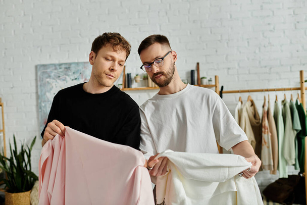 Dos hombres, socios en el diseño, posan en su taller de vanguardia. - Foto, imagen