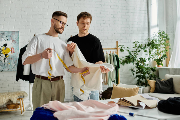 Twee gay mannen samenwerken op modieuze ontwerpen in een chique workshop. - Foto, afbeelding