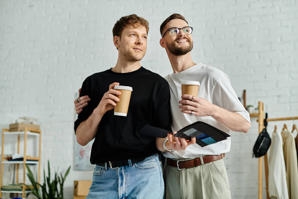 Δύο άνδρες σε ένα εργαστήριο σχεδιαστών στέκονται μαζί, κρατώντας φλιτζάνια καφέ. - Φωτογραφία, εικόνα