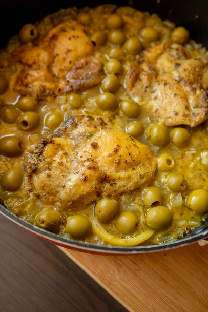 Delicious Mediterranean Chicken Thighs with Lemon and Green Olives Close Up  - Photo, Image