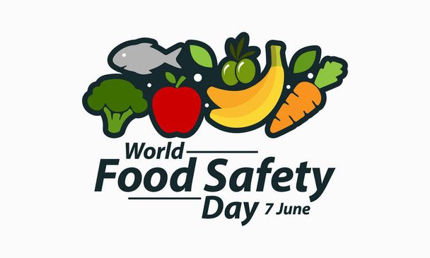 Ежегодно 7 июня отмечается День безопасности пищевых продуктов (ДПБ), целью которого является привлечение внимания и стимулирование действий, направленных на предотвращение, выявление и управление пищевыми рисками. Векторная иллюстрация. - Вектор,изображение