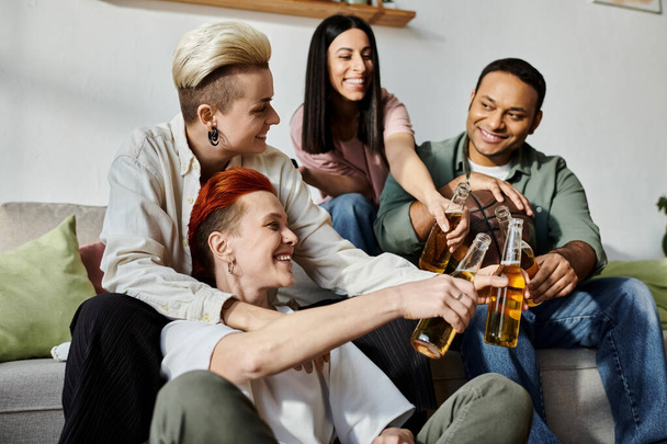 A diverse group of people, including a loving lesbian couple, sharing moments on a couch. - Foto, Bild