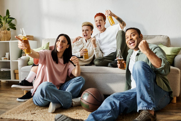 Diverse group enjoying time together atop couch. - 写真・画像
