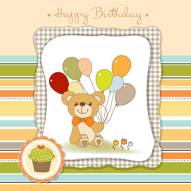 neue Baby-Ankündigungskarte mit Teddybär und Luftballons - Foto, Bild