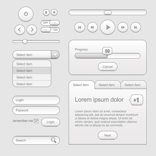 Lekkie Web Ui elementy projektowania szary. Elementy: przyciski - Wektor, obraz