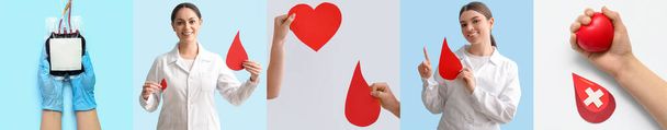 Collage of female doctor with blood pack, paper drops and hearts on blue and light backgrounds - Foto, imagen
