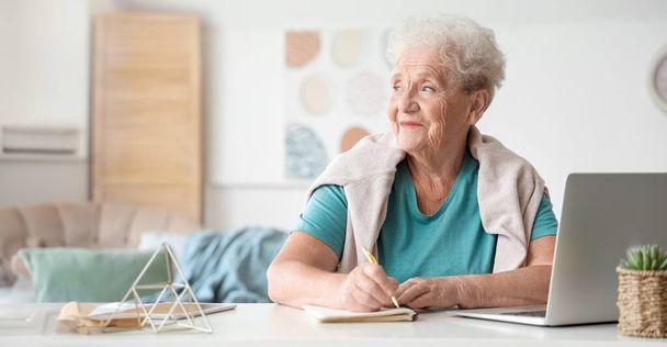 Vanhempi nainen kannettavan tietokoneen kirjoittaminen muistikirjaan kotona - Valokuva, kuva