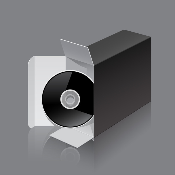 Black Package Box Opened lying on its side with DVD Disk - Vetor, Imagem